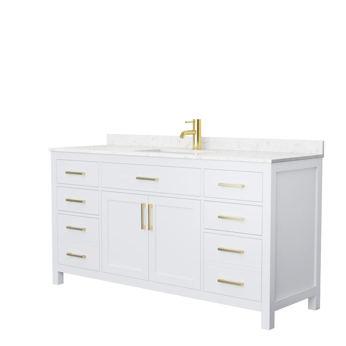 Wyndham Collection Vanity Wyndham Collection WCG242466SWGCCUNSMXX Beckett 66 Inch Single Bathroom Vanity in White, Carrara Cultured Marble Countertop, Undermount Square Sink, Brushed Gold Trim