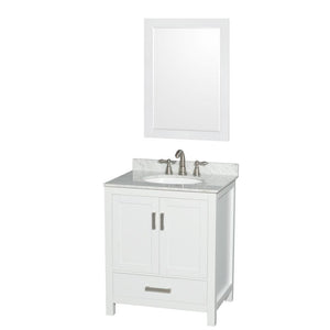 Wyndham Collection Vanity Wyndham Collection WCS141430SWHCMUNOM24 Sheffield 30 Inch Single Bathroom Vanity in White, White Carrara Marble Countertop, Undermount Oval Sink, and 24 Inch Mirror