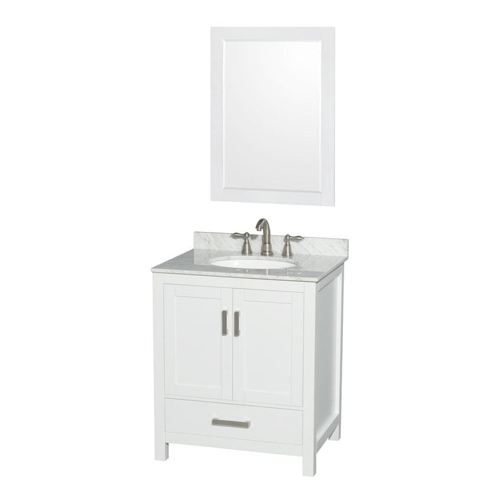 Wyndham Collection Vanity Wyndham Collection WCS141430SWHCMUNOM24 Sheffield 30 Inch Single Bathroom Vanity in White, White Carrara Marble Countertop, Undermount Oval Sink, and 24 Inch Mirror