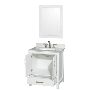 Wyndham Collection Vanity Wyndham Collection WCS141430SWHCMUNOM24 Sheffield 30 Inch Single Bathroom Vanity in White, White Carrara Marble Countertop, Undermount Oval Sink, and 24 Inch Mirror