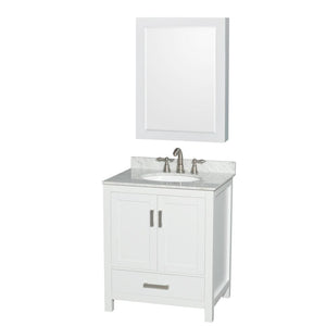Wyndham Collection Vanity Wyndham Collection WCS141430SWHCMUNOMED Sheffield 30 Inch Single Bathroom Vanity in White, White Carrara Marble Countertop, Undermount Oval Sink, and Medicine Cabinet