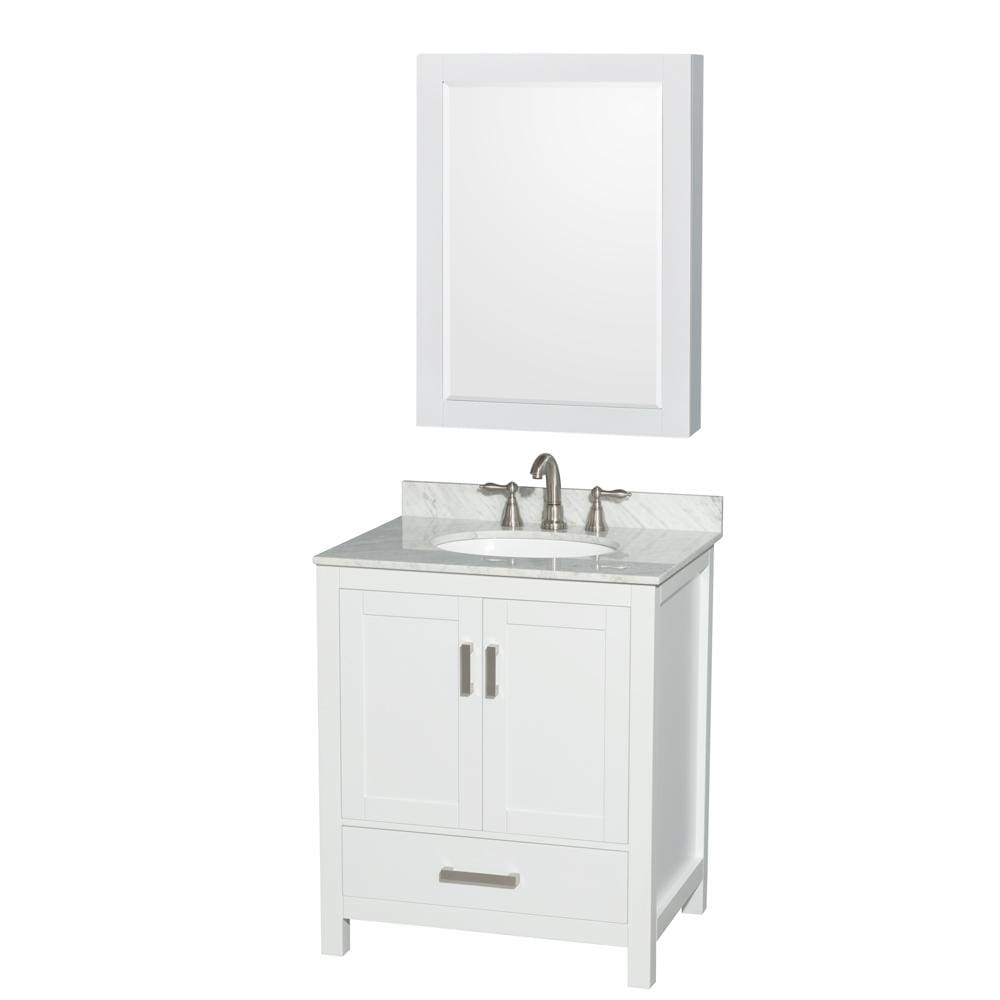 Wyndham Collection Vanity Wyndham Collection WCS141430SWHCMUNOMED Sheffield 30 Inch Single Bathroom Vanity in White, White Carrara Marble Countertop, Undermount Oval Sink, and Medicine Cabinet