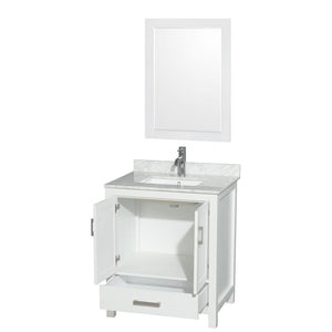 Wyndham Collection Vanity Wyndham Collection WCS141430SWHCMUNSM24 Sheffield 30 Inch Single Bathroom Vanity in White, White Carrara Marble Countertop, Undermount Square Sink, and 24 Inch Mirror