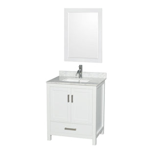 Wyndham Collection Vanity Wyndham Collection WCS141430SWHCMUNSM24 Sheffield 30 Inch Single Bathroom Vanity in White, White Carrara Marble Countertop, Undermount Square Sink, and 24 Inch Mirror