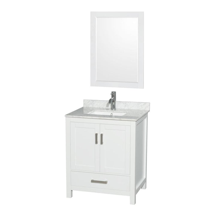 Wyndham Collection Vanity Wyndham Collection WCS141430SWHCMUNSM24 Sheffield 30 Inch Single Bathroom Vanity in White, White Carrara Marble Countertop, Undermount Square Sink, and 24 Inch Mirror