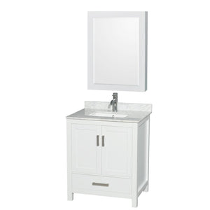 Wyndham Collection Vanity Wyndham Collection WCS141430SWHCMUNSMED Sheffield 30 Inch Single Bathroom Vanity in White, White Carrara Marble Countertop, Undermount Square Sink, and Medicine Cabinet
