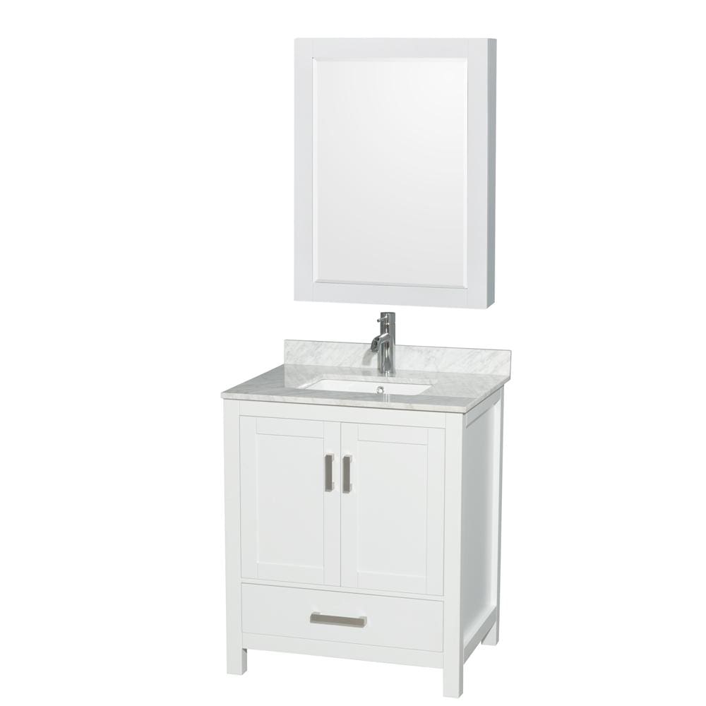 Wyndham Collection Vanity Wyndham Collection WCS141430SWHCMUNSMED Sheffield 30 Inch Single Bathroom Vanity in White, White Carrara Marble Countertop, Undermount Square Sink, and Medicine Cabinet