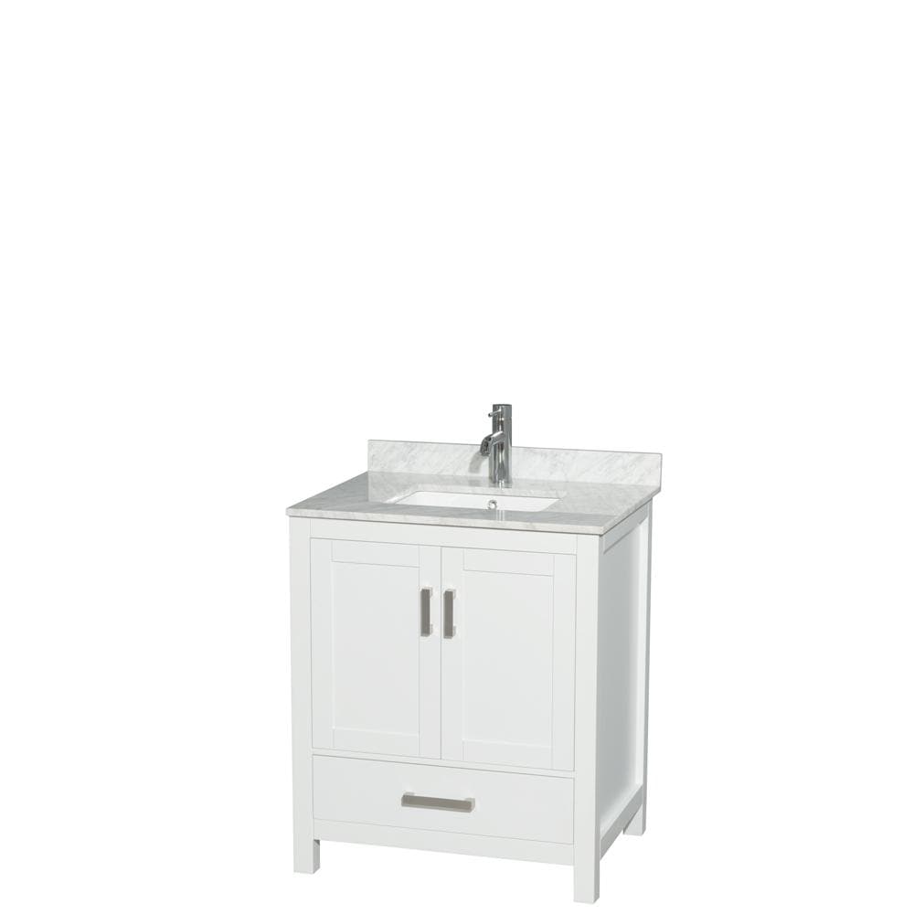Wyndham Collection Vanity Wyndham Collection WCS141430SWHCMUNSMXX Sheffield 30 Inch Single Bathroom Vanity in White, White Carrara Marble Countertop, Undermount Square Sink, and No Mirror