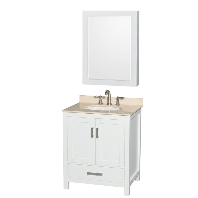 Wyndham Collection Vanity Wyndham Collection WCS141430SWHIVUNOMED Sheffield 30 Inch Single Bathroom Vanity in White, Ivory Marble Countertop, Undermount Oval Sink, and Medicine Cabinet