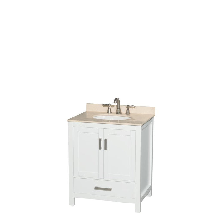 Wyndham Collection Vanity Wyndham Collection WCS141430SWHIVUNOMXX Sheffield 30 Inch Single Bathroom Vanity in White, Ivory Marble Countertop, Undermount Oval Sink, and No Mirror