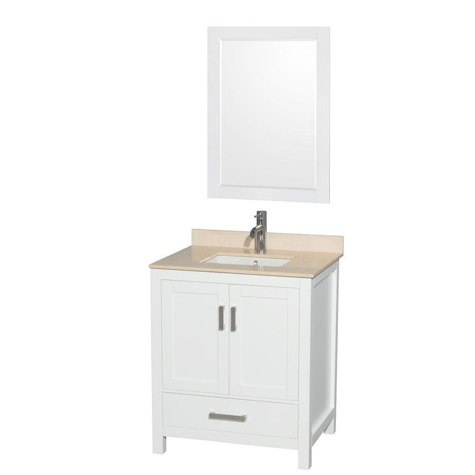 Wyndham Collection Vanity Wyndham Collection WCS141430SWHIVUNSM24 Sheffield 30 Inch Single Bathroom Vanity in White, Ivory Marble Countertop, Undermount Square Sink, and 24 Inch Mirror