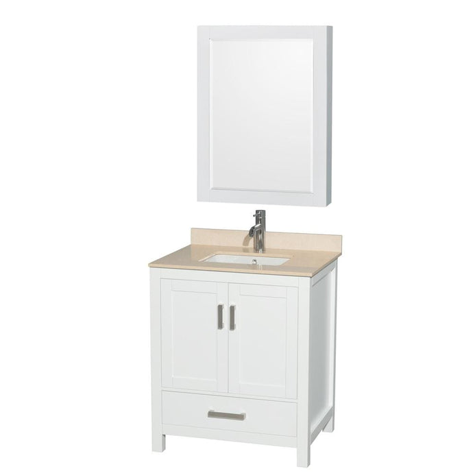 Wyndham Collection Vanity Wyndham Collection WCS141430SWHIVUNSMED Sheffield 30 Inch Single Bathroom Vanity in White, Ivory Marble Countertop, Undermount Square Sink, and Medicine Cabinet