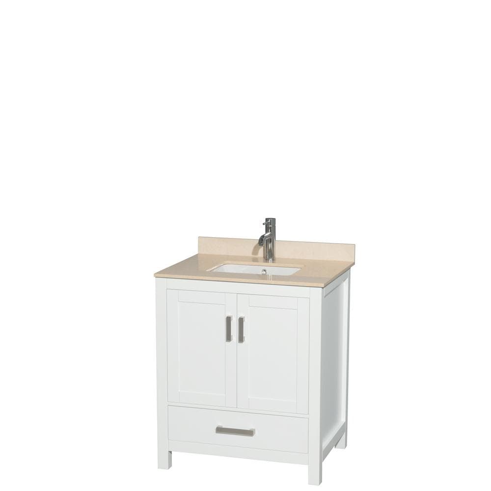 Wyndham Collection Vanity Wyndham Collection WCS141430SWHIVUNSMXX Sheffield 30 Inch Single Bathroom Vanity in White, Ivory Marble Countertop, Undermount Square Sink, and No Mirror