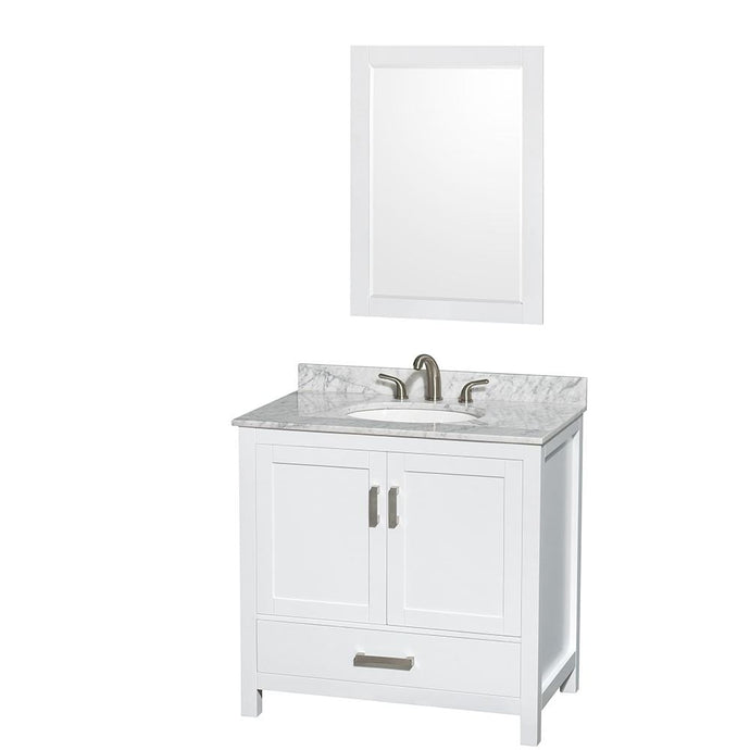Wyndham Collection Vanity Wyndham Collection WCS141436SWHCMUNOM24 Sheffield 36 Inch Single Bathroom Vanity in White, White Carrara Marble Countertop, Undermount Oval Sink, and 24 Inch Mirror