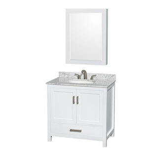 Wyndham Collection Vanity Wyndham Collection WCS141436SWHCMUNOMED Sheffield 36 Inch Single Bathroom Vanity in White, White Carrara Marble Countertop, Undermount Oval Sink, and Medicine Cabinet
