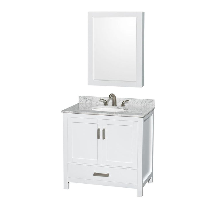 Wyndham Collection Vanity Wyndham Collection WCS141436SWHCMUNOMED Sheffield 36 Inch Single Bathroom Vanity in White, White Carrara Marble Countertop, Undermount Oval Sink, and Medicine Cabinet