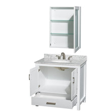Load image into Gallery viewer, Wyndham Collection Vanity Wyndham Collection WCS141436SWHCMUNOMED Sheffield 36 Inch Single Bathroom Vanity in White, White Carrara Marble Countertop, Undermount Oval Sink, and Medicine Cabinet