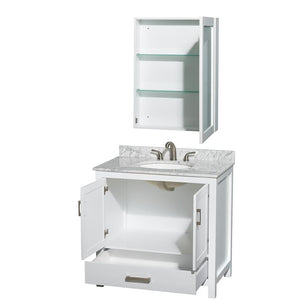 Wyndham Collection Vanity Wyndham Collection WCS141436SWHCMUNOMED Sheffield 36 Inch Single Bathroom Vanity in White, White Carrara Marble Countertop, Undermount Oval Sink, and Medicine Cabinet