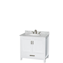 Load image into Gallery viewer, Wyndham Collection Vanity Wyndham Collection WCS141436SWHCMUNOMXX Sheffield 36 Inch Single Bathroom Vanity in White, White Carrara Marble Countertop, Undermount Oval Sink, and No Mirror