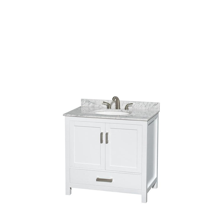 Wyndham Collection Vanity Wyndham Collection WCS141436SWHCMUNOMXX Sheffield 36 Inch Single Bathroom Vanity in White, White Carrara Marble Countertop, Undermount Oval Sink, and No Mirror