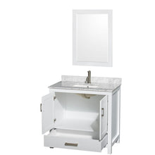 Load image into Gallery viewer, Wyndham Collection Vanity Wyndham Collection WCS141436SWHCMUNSM24 Sheffield 36 Inch Single Bathroom Vanity in White, White Carrara Marble Countertop, Undermount Square Sink, and 24 Inch Mirror