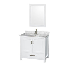 Load image into Gallery viewer, Wyndham Collection Vanity Wyndham Collection WCS141436SWHCMUNSM24 Sheffield 36 Inch Single Bathroom Vanity in White, White Carrara Marble Countertop, Undermount Square Sink, and 24 Inch Mirror