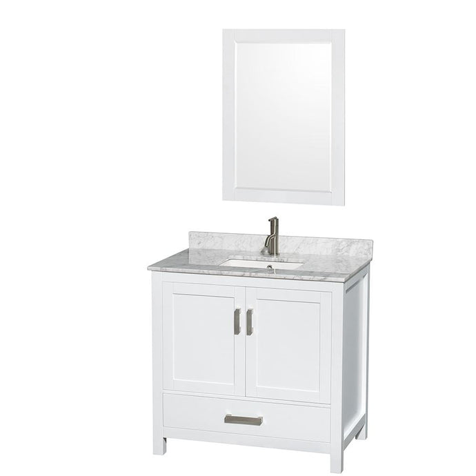 Wyndham Collection Vanity Wyndham Collection WCS141436SWHCMUNSM24 Sheffield 36 Inch Single Bathroom Vanity in White, White Carrara Marble Countertop, Undermount Square Sink, and 24 Inch Mirror