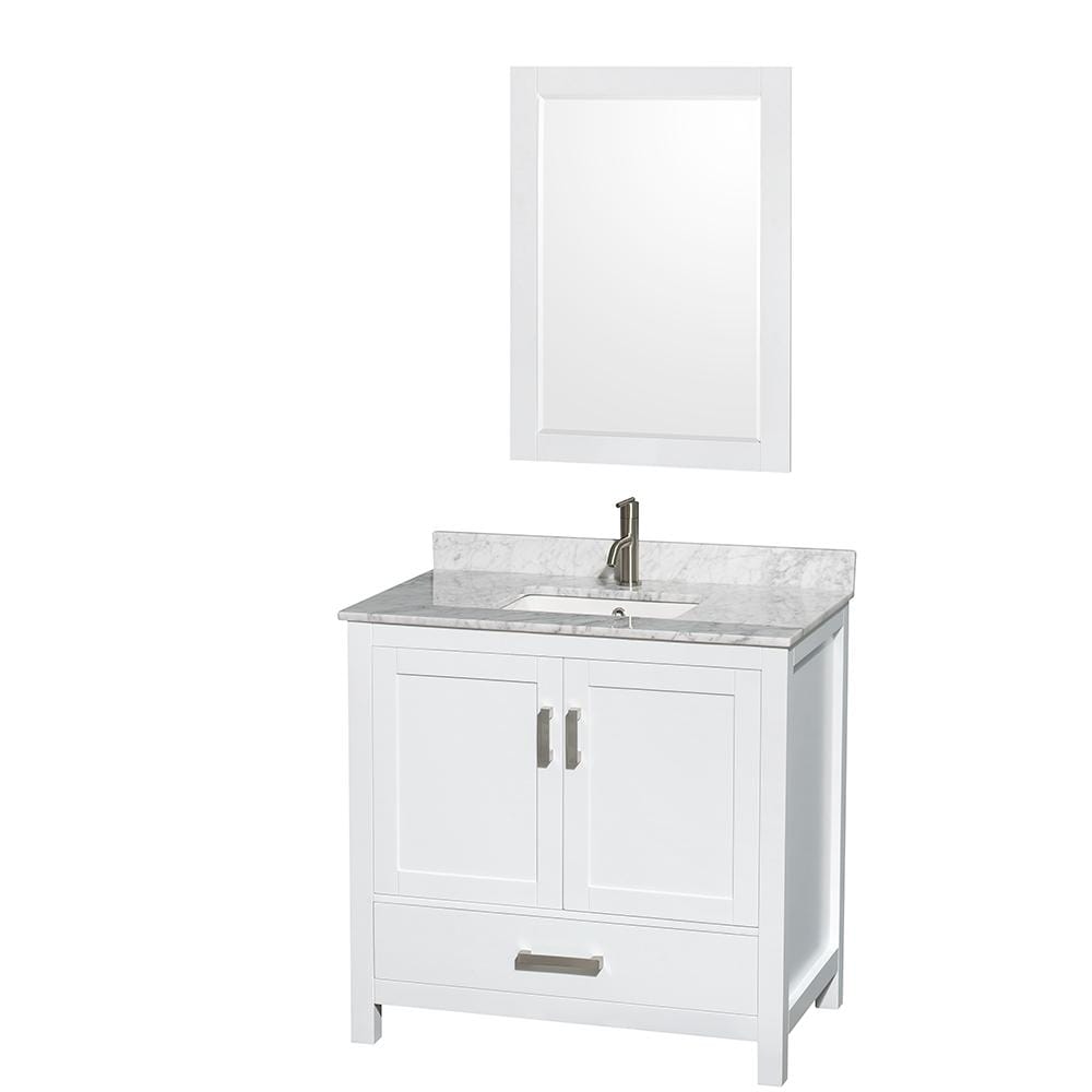 Wyndham Collection Vanity Wyndham Collection WCS141436SWHCMUNSM24 Sheffield 36 Inch Single Bathroom Vanity in White, White Carrara Marble Countertop, Undermount Square Sink, and 24 Inch Mirror
