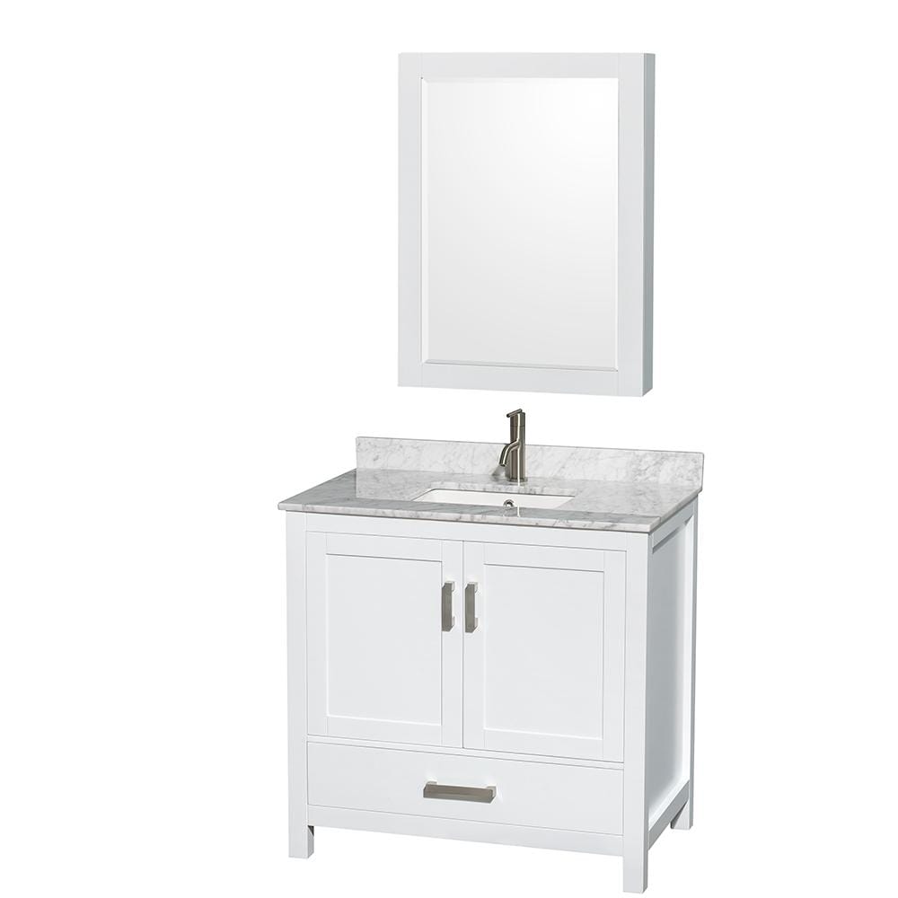 Wyndham Collection Vanity Wyndham Collection WCS141436SWHCMUNSMED Sheffield 36 Inch Single Bathroom Vanity in White, White Carrara Marble Countertop, Undermount Square Sink, and Medicine Cabinet