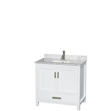 Load image into Gallery viewer, Wyndham Collection Vanity Wyndham Collection WCS141436SWHCMUNSMXX Sheffield 36 Inch Single Bathroom Vanity in White, White Carrara Marble Countertop, Undermount Square Sink, and No Mirror