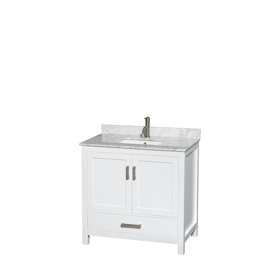 Wyndham Collection Vanity Wyndham Collection WCS141436SWHCMUNSMXX Sheffield 36 Inch Single Bathroom Vanity in White, White Carrara Marble Countertop, Undermount Square Sink, and No Mirror