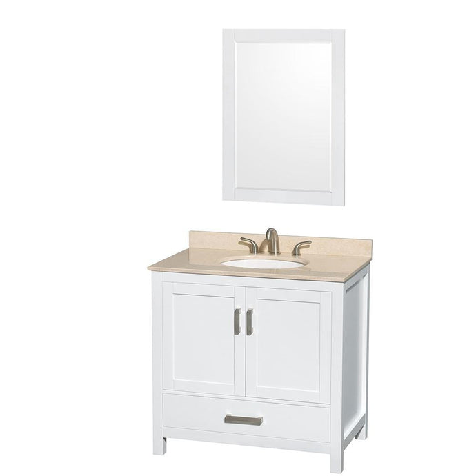 Wyndham Collection Vanity Wyndham Collection WCS141436SWHIVUNOM24 Sheffield 36 Inch Single Bathroom Vanity in White, Ivory Marble Countertop, Undermount Oval Sink, and 24 Inch Mirror