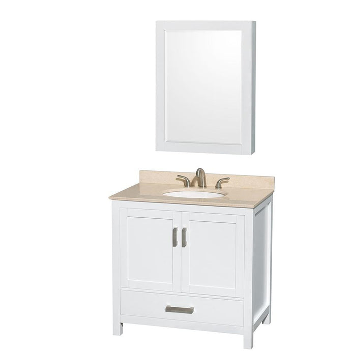 Wyndham Collection Vanity Wyndham Collection WCS141436SWHIVUNOMED Sheffield 36 Inch Single Bathroom Vanity in White, Ivory Marble Countertop, Undermount Oval Sink, and Medicine Cabinet