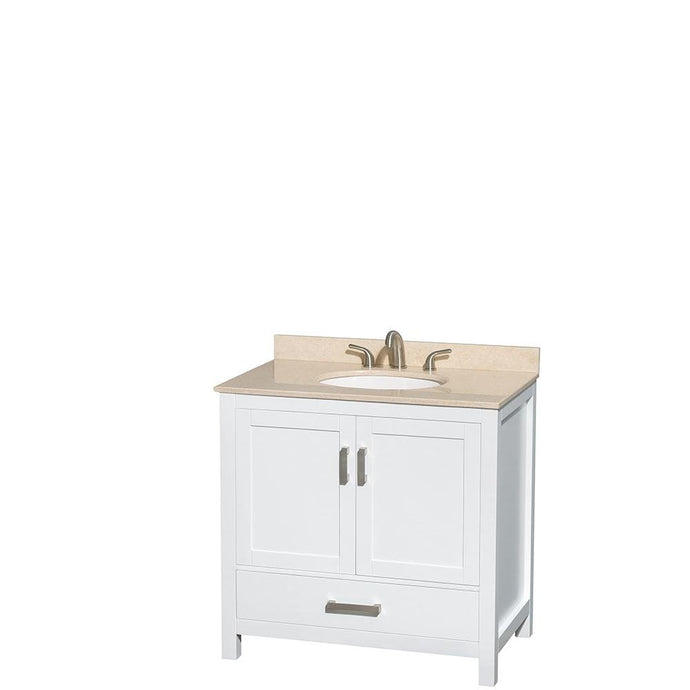 Wyndham Collection Vanity Wyndham Collection WCS141436SWHIVUNOMXX Sheffield 36 Inch Single Bathroom Vanity in White, Ivory Marble Countertop, Undermount Oval Sink, and No Mirror