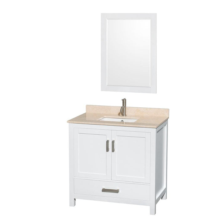 Wyndham Collection Vanity Wyndham Collection WCS141436SWHIVUNSM24 Sheffield 36 Inch Single Bathroom Vanity in White, Ivory Marble Countertop, Undermount Square Sink, and 24 Inch Mirror