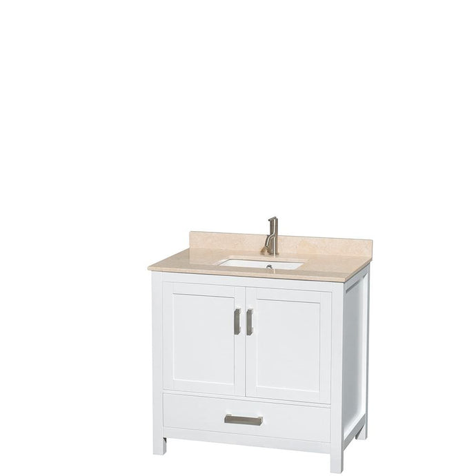 Wyndham Collection Vanity Wyndham Collection WCS141436SWHIVUNSMXX Sheffield 36 Inch Single Bathroom Vanity in White, Ivory Marble Countertop, Undermount Square Sink, and No Mirror