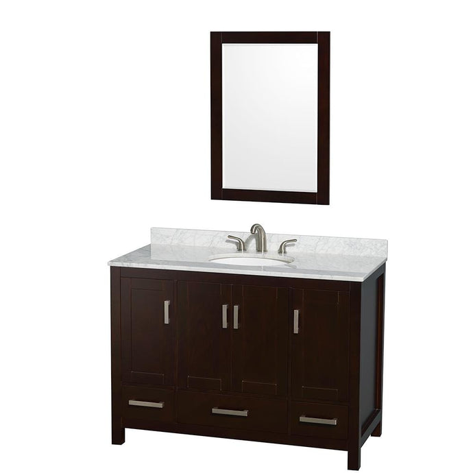 Wyndham Collection Vanity Wyndham Collection WCS141448SESCMUNOM24 Sheffield 48 Inch Single Bathroom Vanity in Espresso, White Carrara Marble Countertop, Undermount Oval Sink, and 24 Inch Mirror