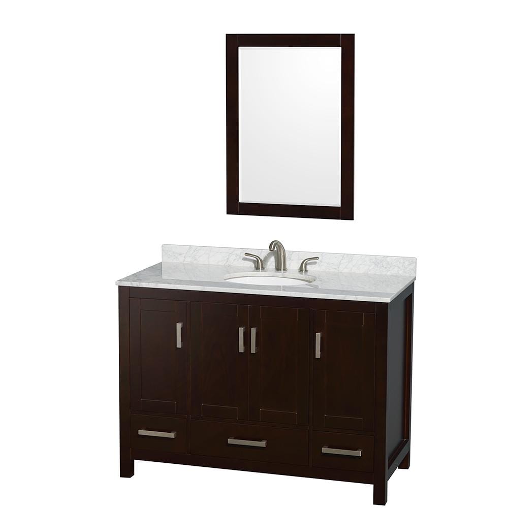 Wyndham Collection Vanity Wyndham Collection WCS141448SESCMUNOM24 Sheffield 48 Inch Single Bathroom Vanity in Espresso, White Carrara Marble Countertop, Undermount Oval Sink, and 24 Inch Mirror