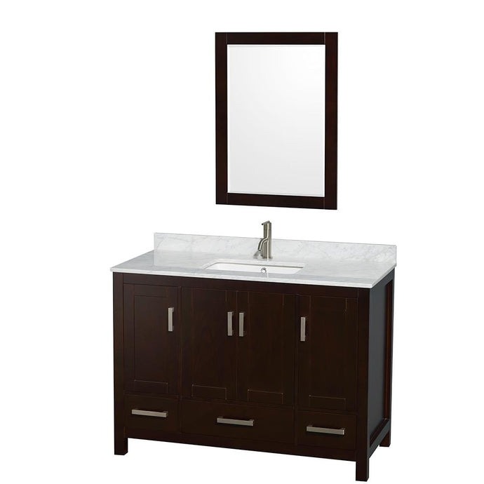 Wyndham Collection Vanity Wyndham Collection WCS141448SESCMUNSM24 Sheffield 48 Inch Single Bathroom Vanity in Espresso, White Carrara Marble Countertop, Undermount Square Sink, and 24 Inch Mirror