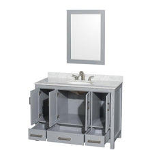 Load image into Gallery viewer, Wyndham Collection Vanity Wyndham Collection WCS141448SGYCMUNOM24 Sheffield 48 Inch Single Bathroom Vanity in Gray, White Carrara Marble Countertop, Undermount Oval Sink, and 24 Inch Mirror