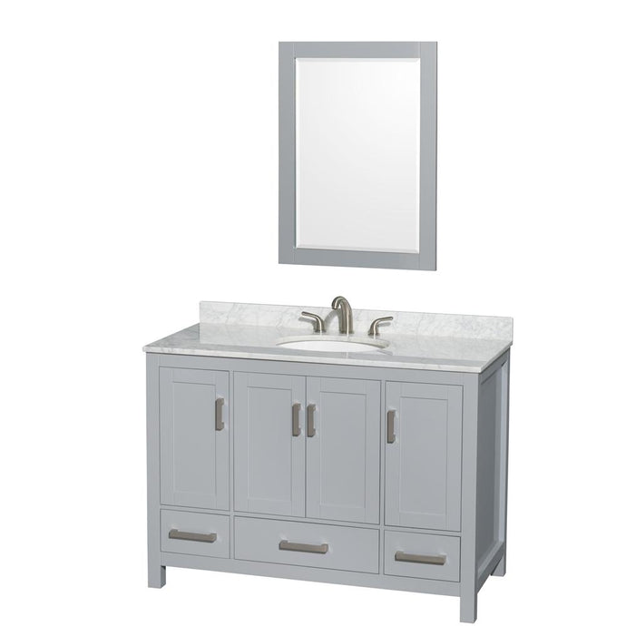 Wyndham Collection Vanity Wyndham Collection WCS141448SGYCMUNOM24 Sheffield 48 Inch Single Bathroom Vanity in Gray, White Carrara Marble Countertop, Undermount Oval Sink, and 24 Inch Mirror