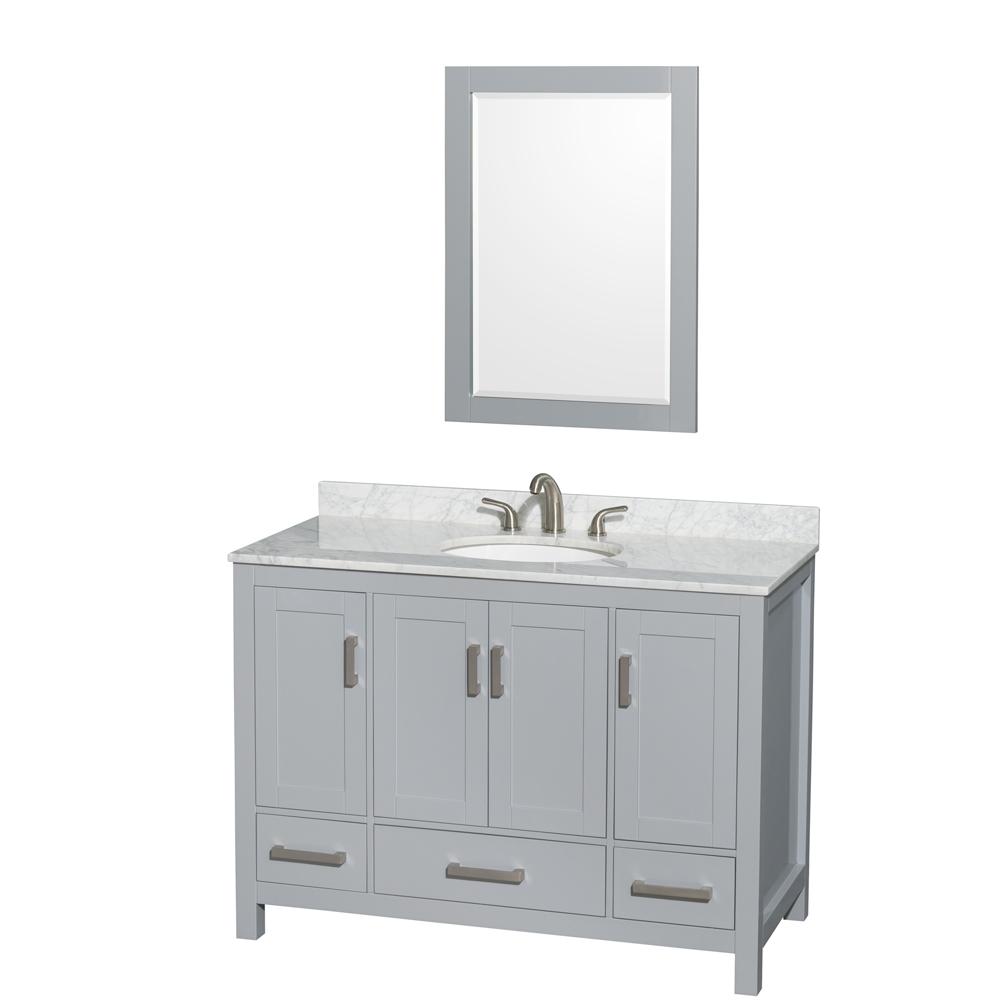 Wyndham Collection Vanity Wyndham Collection WCS141448SGYCMUNOM24 Sheffield 48 Inch Single Bathroom Vanity in Gray, White Carrara Marble Countertop, Undermount Oval Sink, and 24 Inch Mirror