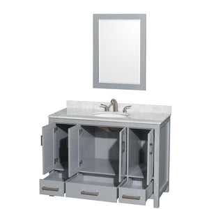 Wyndham Collection Vanity Wyndham Collection WCS141448SGYCMUNOM24 Sheffield 48 Inch Single Bathroom Vanity in Gray, White Carrara Marble Countertop, Undermount Oval Sink, and 24 Inch Mirror