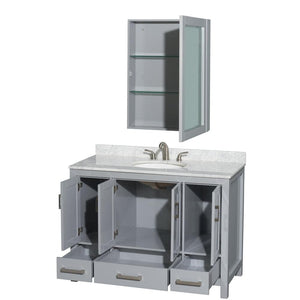 Wyndham Collection Vanity Wyndham Collection WCS141448SGYCMUNOMED Sheffield 48 Inch Single Bathroom Vanity in Gray, White Carrara Marble Countertop, Undermount Oval Sink, and Medicine Cabinet