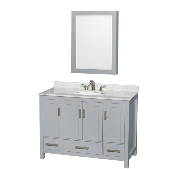 Wyndham Collection Vanity Wyndham Collection WCS141448SGYCMUNOMED Sheffield 48 Inch Single Bathroom Vanity in Gray, White Carrara Marble Countertop, Undermount Oval Sink, and Medicine Cabinet
