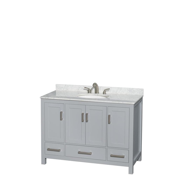 Wyndham Collection Vanity Wyndham Collection WCS141448SGYCMUNOMXX Sheffield 48 Inch Single Bathroom Vanity in Gray, White Carrara Marble Countertop, Undermount Oval Sink, and No Mirror
