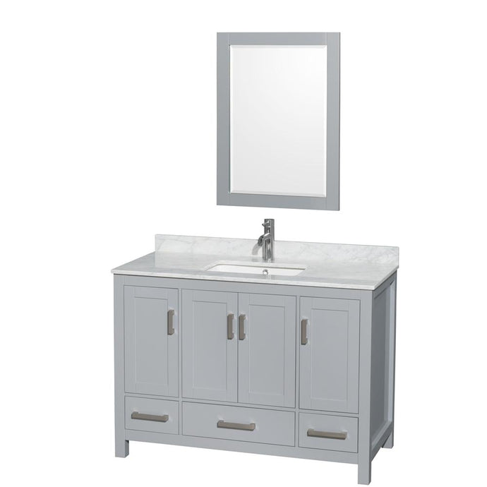 Wyndham Collection Vanity Wyndham Collection WCS141448SGYCMUNSM24 Sheffield 48 Inch Single Bathroom Vanity in Gray, White Carrara Marble Countertop, Undermount Square Sink, and 24 Inch Mirror