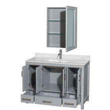 Load image into Gallery viewer, Wyndham Collection Vanity Wyndham Collection WCS141448SGYCMUNSMED Sheffield 48 Inch Single Bathroom Vanity in Gray, White Carrara Marble Countertop, Undermount Square Sink, and Medicine Cabinet