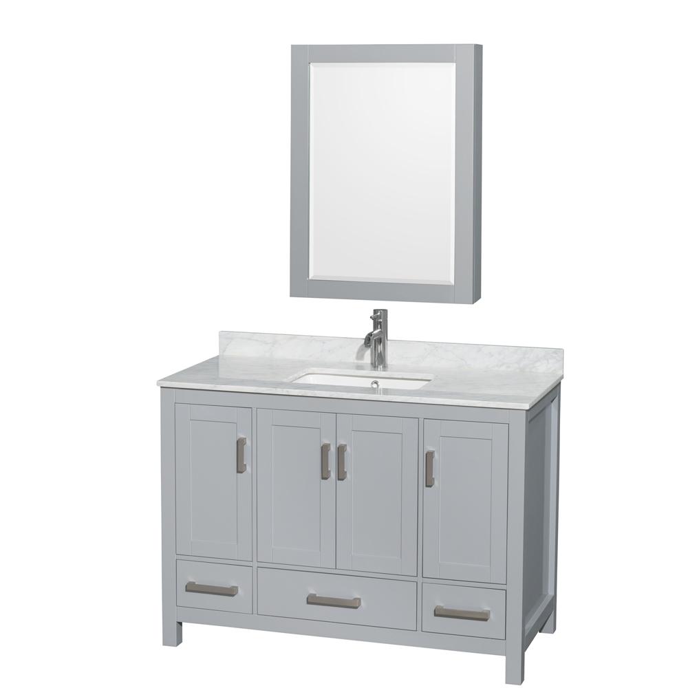 Wyndham Collection Vanity Wyndham Collection WCS141448SGYCMUNSMED Sheffield 48 Inch Single Bathroom Vanity in Gray, White Carrara Marble Countertop, Undermount Square Sink, and Medicine Cabinet