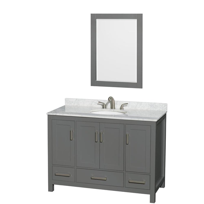 Wyndham Collection Vanity Wyndham Collection WCS141448SKGCMUNOM24 Sheffield 48 Inch Single Bathroom Vanity in Dark Gray, White Carrara Marble Countertop, Undermount Oval Sink, and 24 Inch Mirror